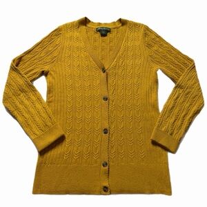 Eddie Bauer Mustard Yellow Cable Knit Vneck Cardigan Sweater M Preppy Academia